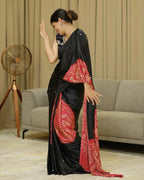 Women’s Elegant Black & Crimson Red Pure Modal Silk Saree with Traditional Folk Mandala Print & Designer Pallu