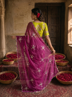 Magenta Purple Georgette Embroidered Saree with Floral Sequin Work & Contrast Lime Green Blouse
