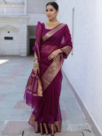 Premium Wine Organza Silk Saree with Elegant Golden Woven Border