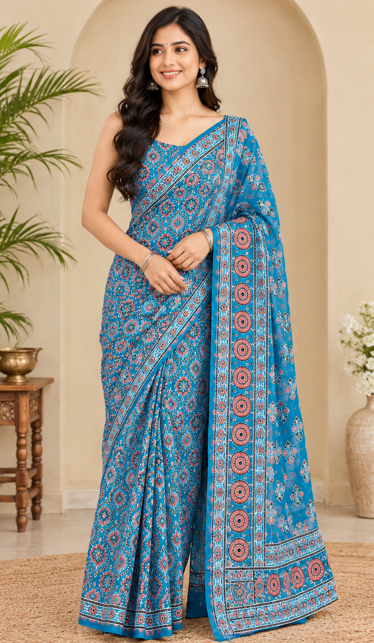 Steel Blue Modal Silk Ajrakh Print Saree with Floral Motifs, Designer Pallu & Tassel Border | Traditional Ethnic Wear Saree