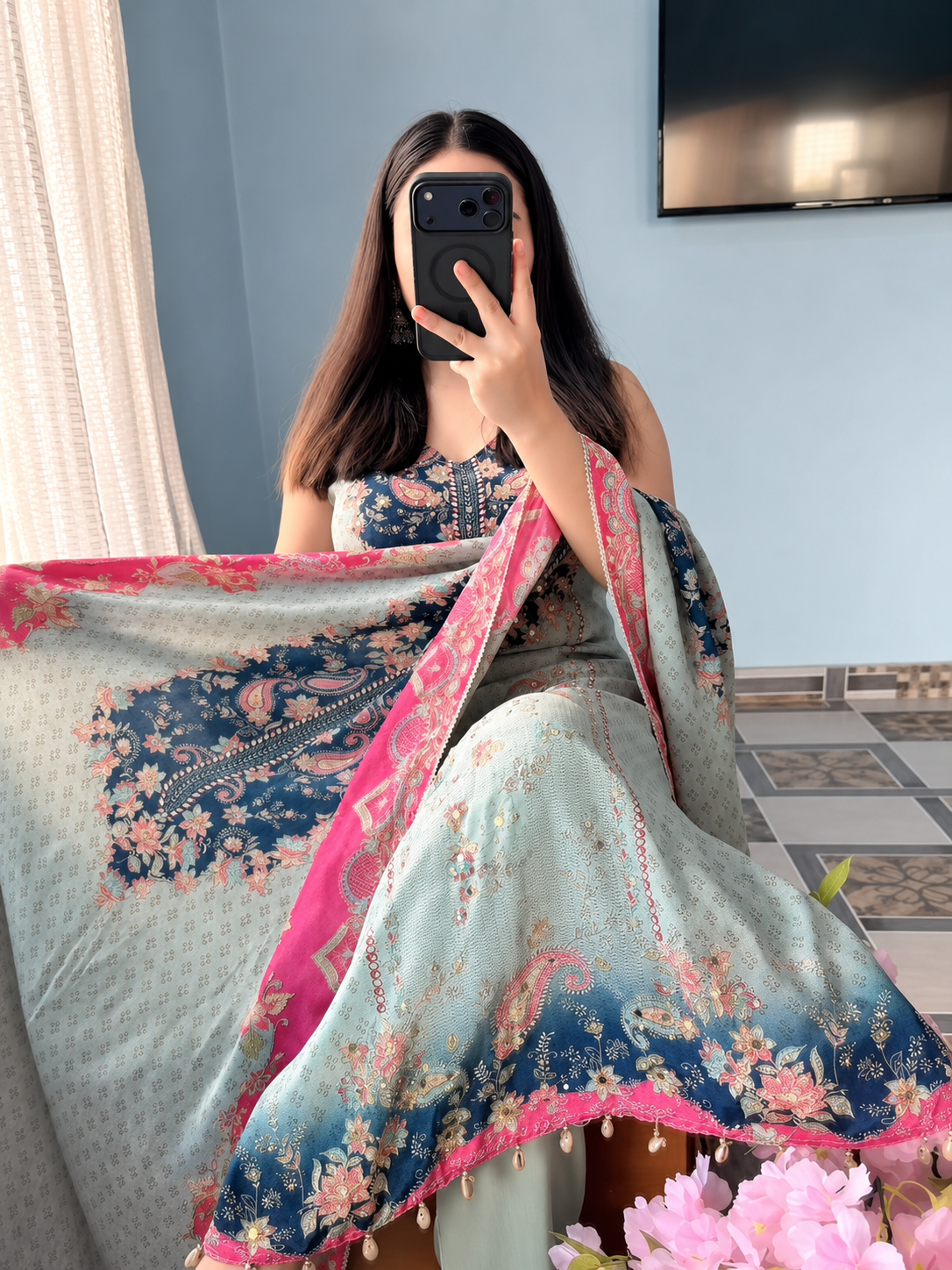 Step into the festive season with our premium sleeveless Kurta, Pant & Dupatta Set