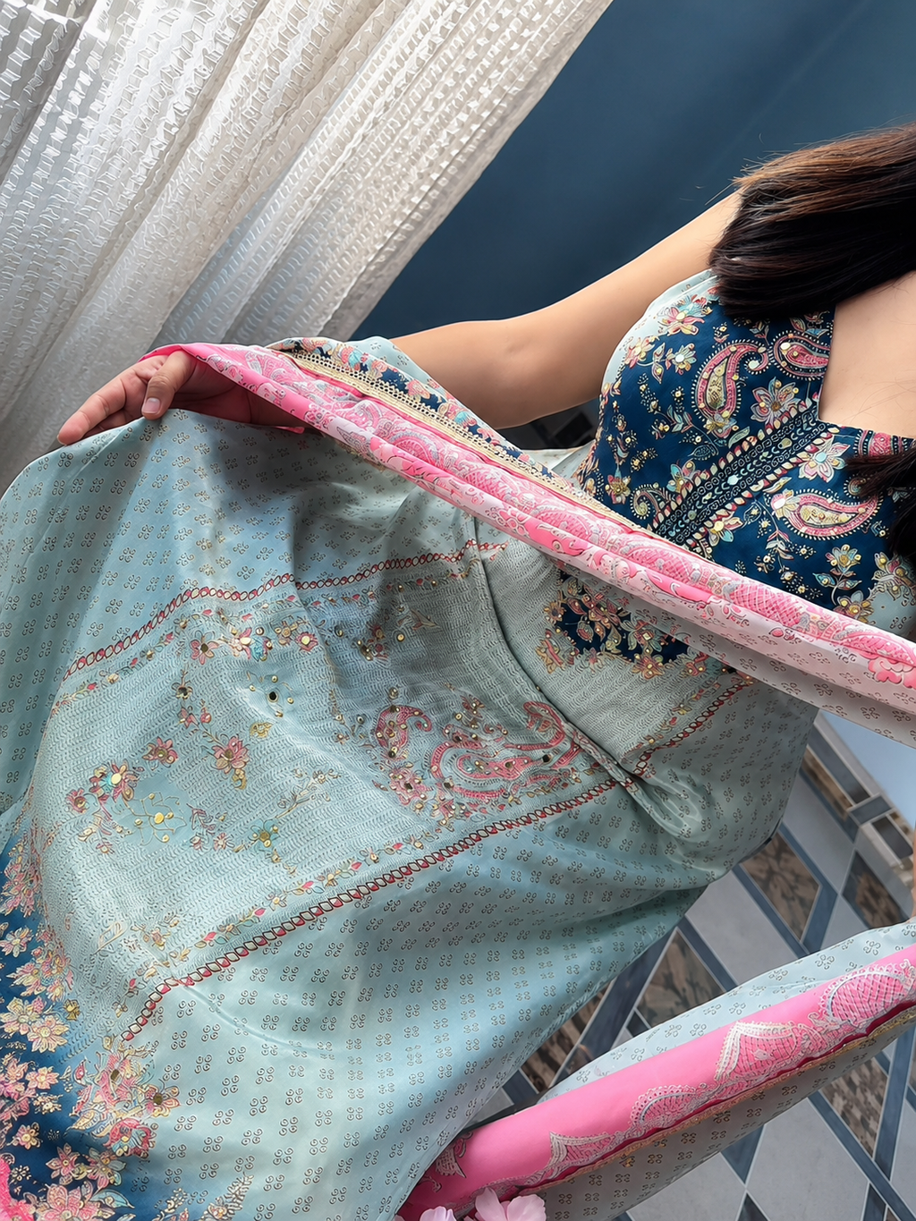 Step into the festive season with our premium sleeveless Kurta, Pant & Dupatta Set