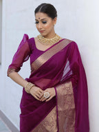 Premium Wine Organza Silk Saree with Elegant Golden Woven Border