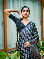 Midnight Black Pure Modal Silk Saree with Ajrakh Inspired Floral Print & Heritage Designer Pall