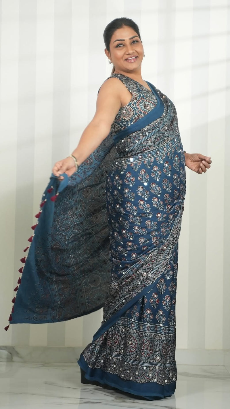 Steel Blue Modal Silk Ajrakh Print Saree with Floral Motifs, Designer Pallu & Tassel Border | Traditional Ethnic Wear Saree