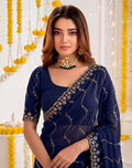 Designer Mustard Blue Party Wear Georgette Saree with Sequin Embroidery