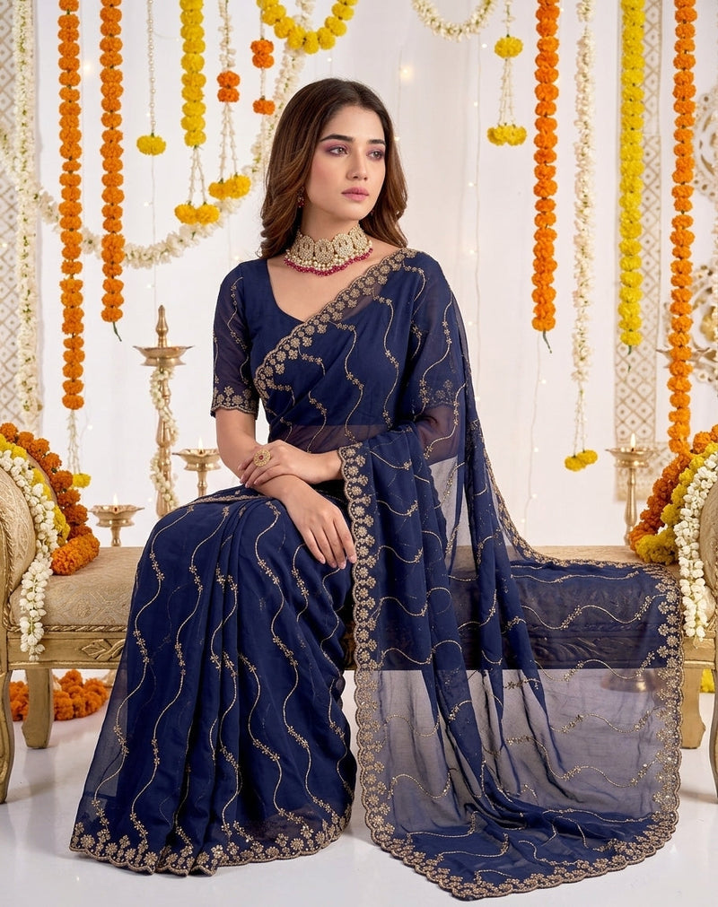 Designer Mustard Blue Party Wear Georgette Saree with Sequin Embroidery