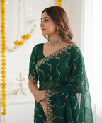 Designer Mustard  Green Party Wear Georgette Saree with Sequin Embroidery
