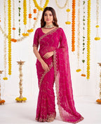 Designer Mustard Rani Pink Party Wear Georgette Saree with Sequin Embroidery (Copy)
