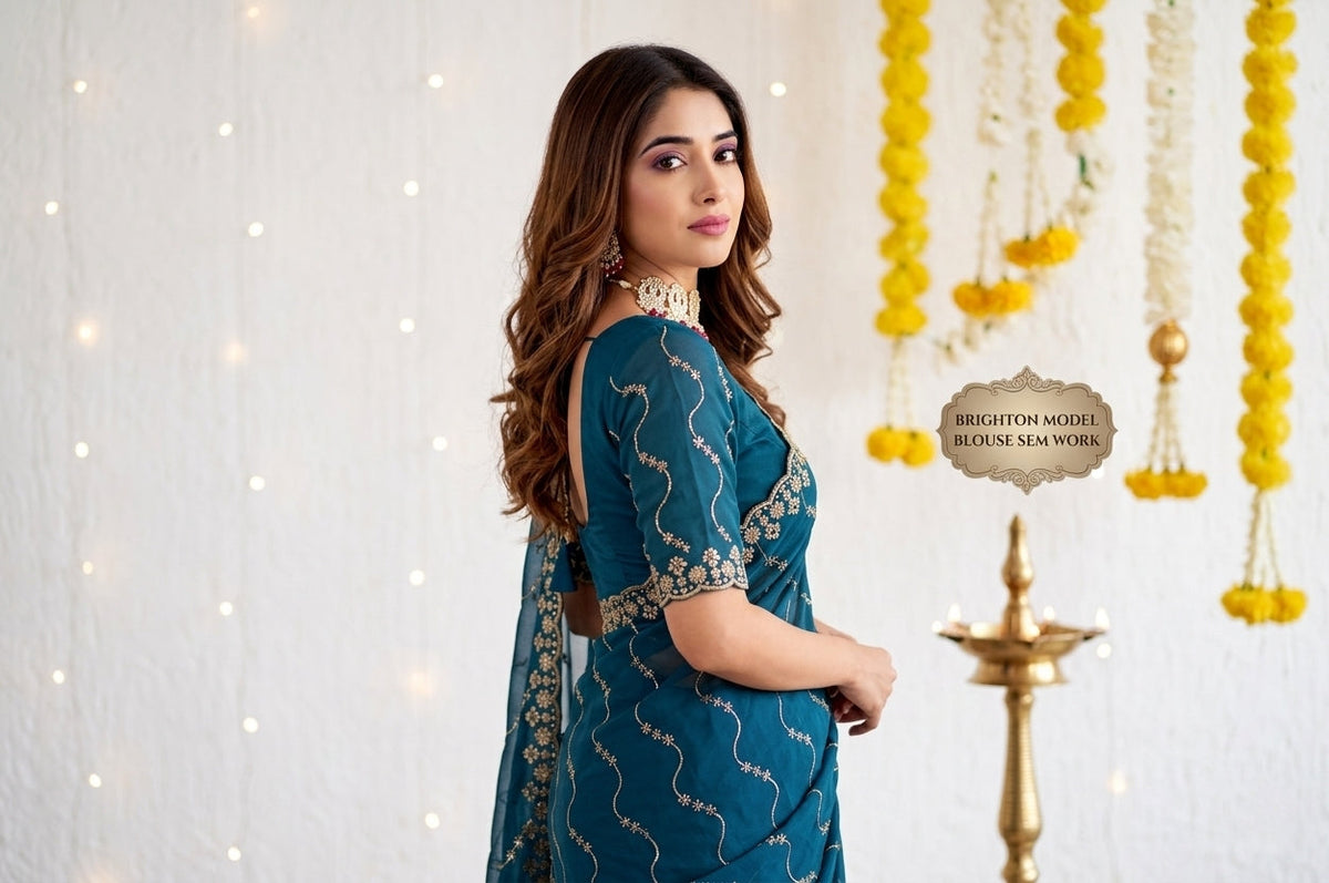 Designer Mustard Teal Blue Party Wear Georgette Saree with Sequin Embroidery (Copy) (Copy)