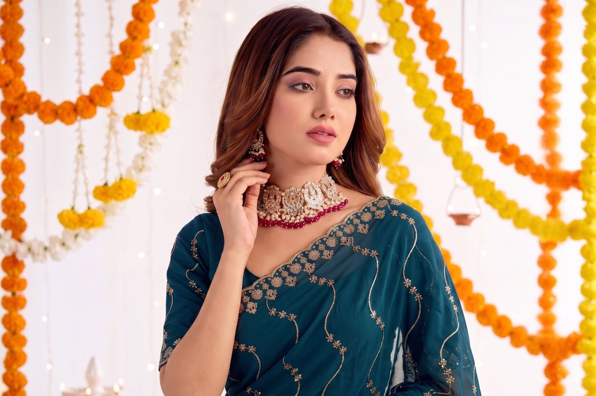 Designer Mustard Teal Blue Party Wear Georgette Saree with Sequin Embroidery (Copy) (Copy)