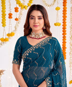 Designer Mustard Teal Blue Party Wear Georgette Saree with Sequin Embroidery (Copy) (Copy)
